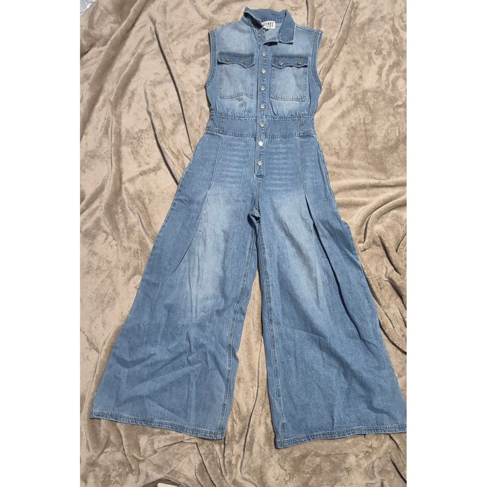 Bucket List Womens Blue Denim Sleeveless Wide Leg Jumpsuit Size S Utility Button